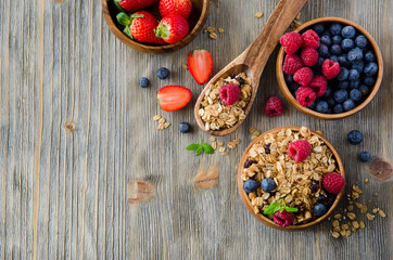 fresh healthy breakfast with granola and berries, copy space bac