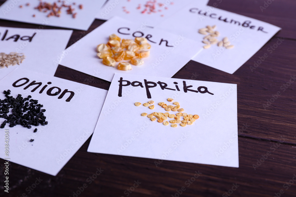 Different seeds on pieces of paper on wooden background