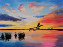 Oil Painting-Cranes At Sunset, Art Work