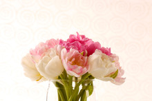 Bouquet Of Fresh Tulips On Pattern Wallpaper Background