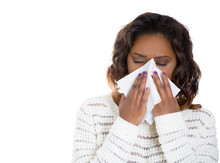 Young Woman With Cold Allergy Sneezing Blowing Her Nose 