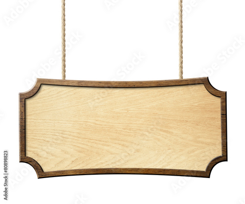 wood sign hanging on ropes ...