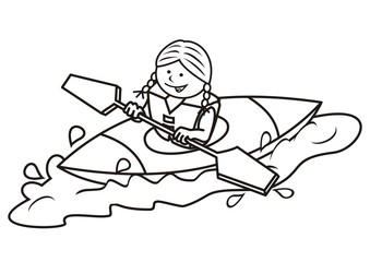 kayak and girl, coloring book, vector