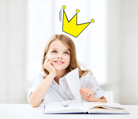 Sticker - smiling girl reading fairytales at home