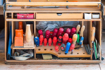 box of carpenter joiner tools as screwdriver fad plane