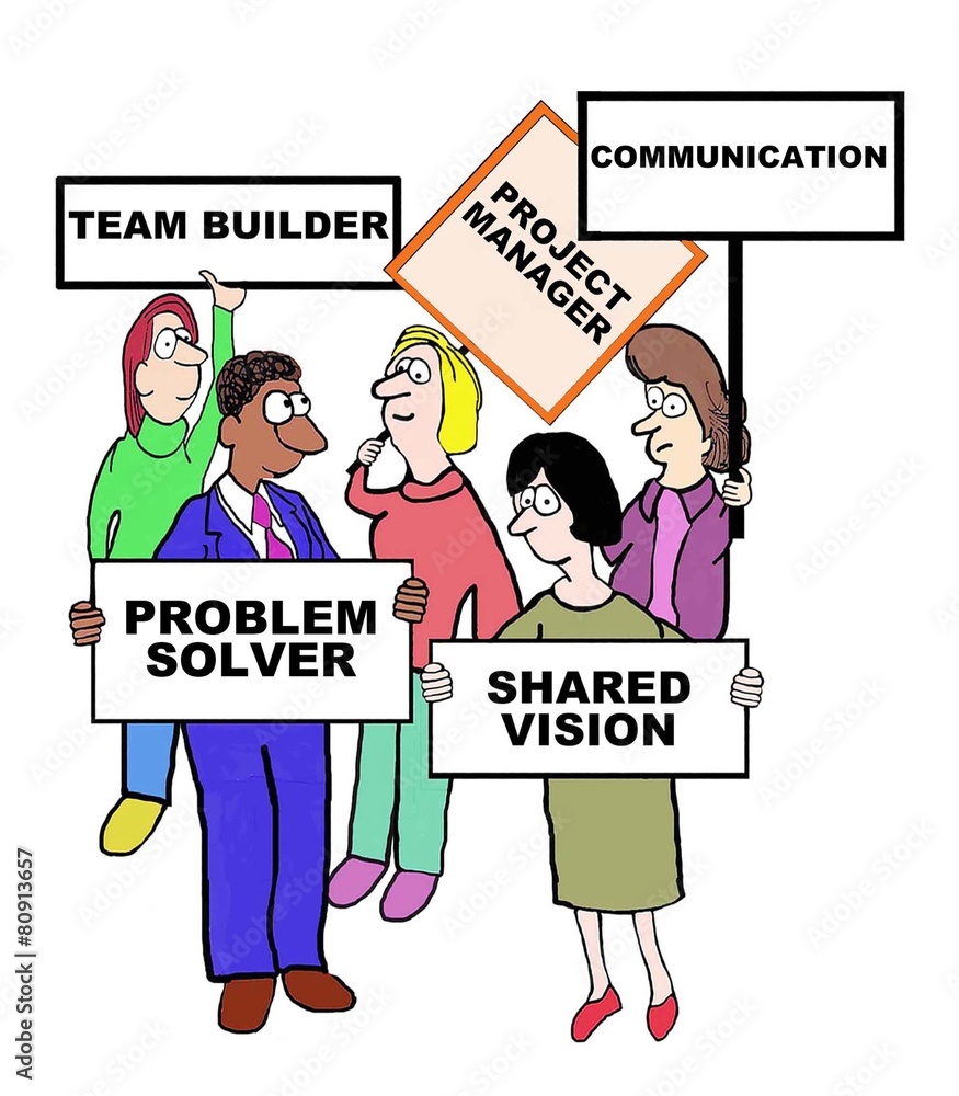 Cartoon of project manager characteristics and qualities.