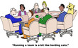 Cartoon of businessman, running a team like herding cats