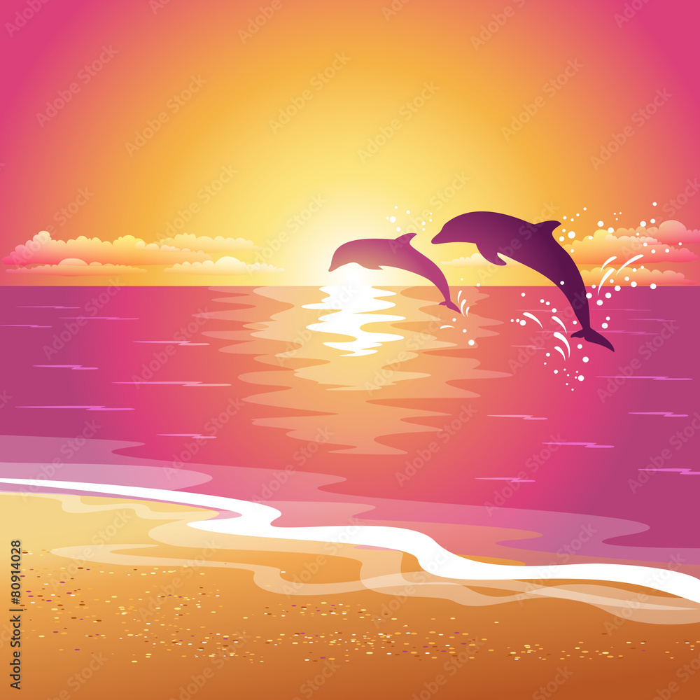 Background with silhouette of two dolphins at sunset. Eps10 Stock Vector |  Adobe Stock, image size:1000x1000