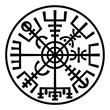 «Vegvisir». The Magic Navigation Compass of Vikings. Runescript from Ancient Medieval Icelandic Manuscript Book. Talisman for luck road and good voyage. (In The Ring).