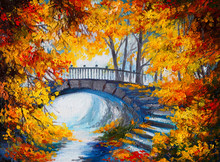 Oil Painting - Autumn Forest With A Road And Bridge Over The Roa