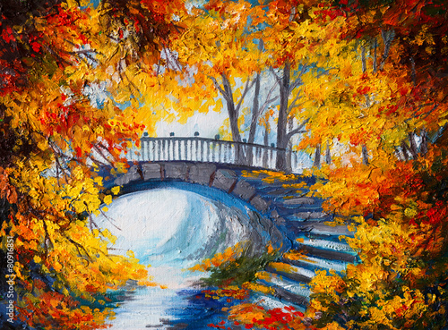 Nowoczesny obraz na płótnie Oil Painting - autumn forest with a road and bridge over the roa