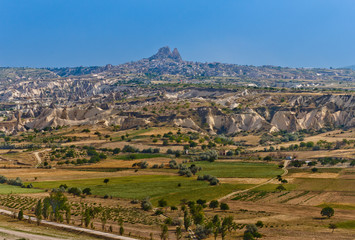 Panoramic view of idyllic mountain landscape in the Cappadocia.