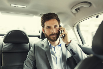 Wall Mural - Casual business man on mobile phone in rear of the car