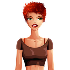 Bright drawing of a gorgeous red-haired sexy Caucasian lady isol