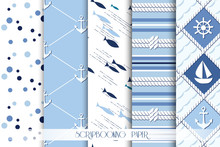 Set Of Sea And Nautical  Patterns In White And  Blue Colors.