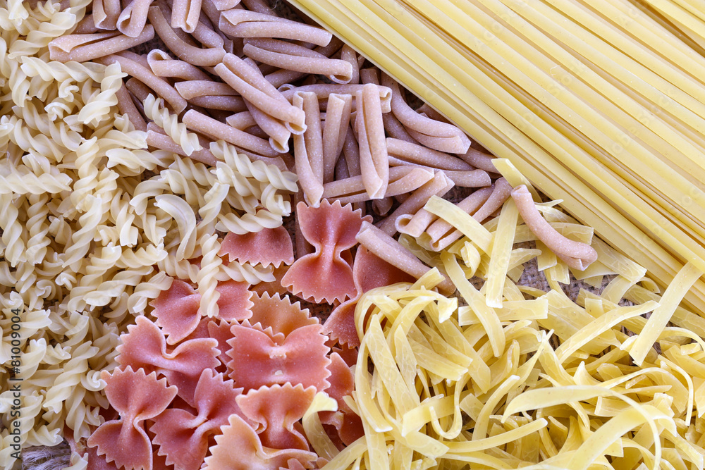 Different types of pasta close up