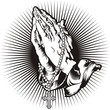 Praying hands with rosary and shining tattoo