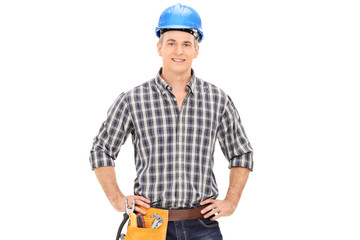 Sticker - Confident construction guy in uniform wearing helmet and posing