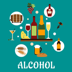 Wall Mural - Flat alcohol drinks and snacks