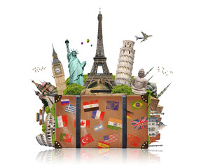 Fototapete - illustration of a suitcase full of famous monument