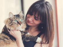 Beautiful Smiling Brunette Girl And Her Ginger Cat