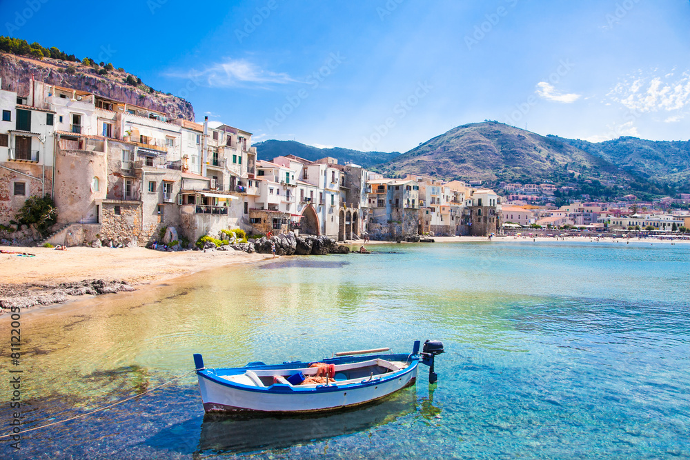 Old harbor with wooden fishing boat in Cefalu, Sicily - obrazy, fototapety, plakaty 