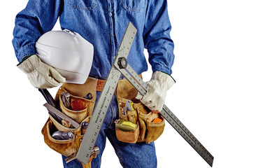 contractor carpenter repair man with tool belt isolated white