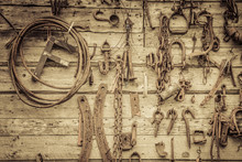 Wall Filled With Old Tools Hanging On The Wall