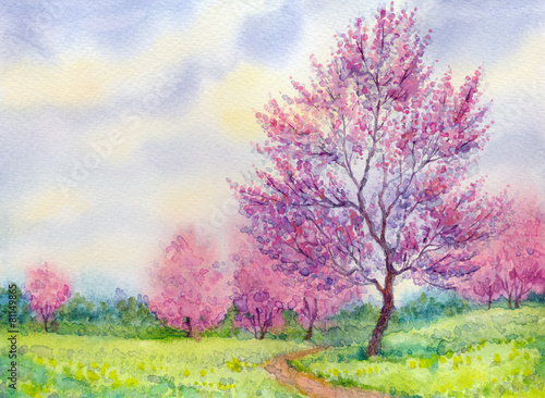 Obraz w ramie Watercolor spring landscape. Flowering tree in a field