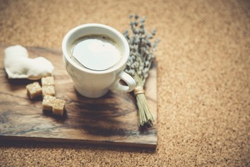 Wall Mural - Instagram. Black coffee and spoon on wooden tray with dried