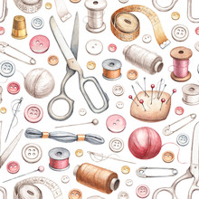 Seamless Pattern With Illustrations Of Sewing Tools