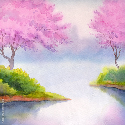 Plakat na zamówienie Spring landscape watercolor. Flowering trees over river