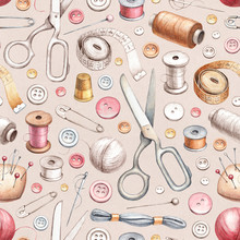 Seamless Pattern With Illustrations Of Sewing Tools