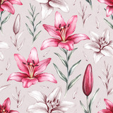 Seamless pattern with drawings of lily flowers