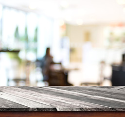 Aufkleber - Empty wood table top with coffee shop blur with bokeh background