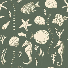 Seamless Pattern With Hand Drawn Fishes
