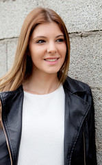 Sticker - Cool young woman with black leather jacket