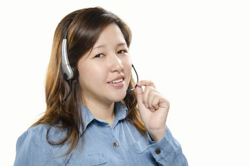 Portrait of a happy young adult customer service with headset