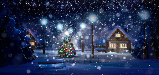 Wall Mural - winter night scene. merry christmas!