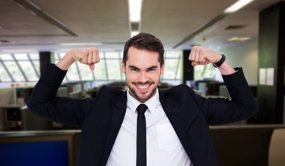 Poster - Composite image of happy businessman in suit cheering