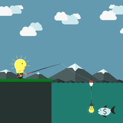 Wall Mural - Lightbulb character fishing