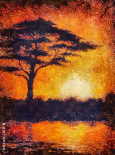 Fototapeta na wymiar Sunset in africa with a tree silhouette, beautiful colorful pain