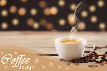 Cup of coffee on table on lights background