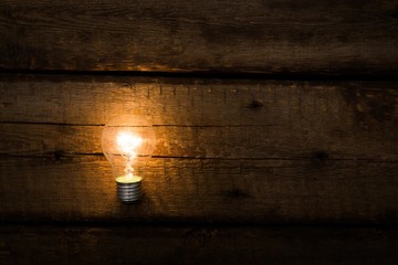 Canvas Print - Leadership. Glowing lightbulb on wooden background