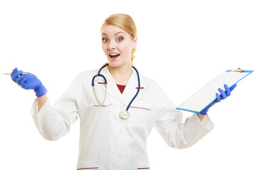 Poster - woman doctor in lab coat with clipboard and pen