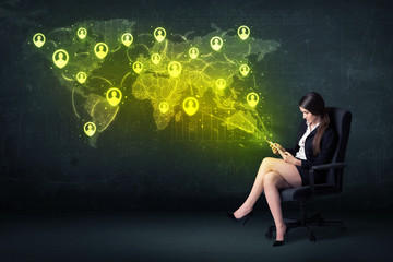 Poster - Businesswoman in office with tablet and social network world map