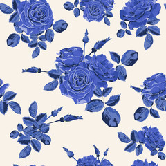 Beautiful seamless blue roses pattern on light background