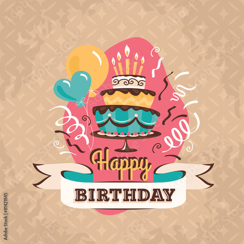 Fototapeta do kuchni Vintage birthday greeting card with big cake vector illustration