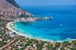Panoramic view of Mondello white beach in Palermo, Sicily.