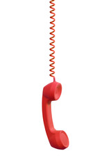 vintage red phone receiver hanging, isolated on white background